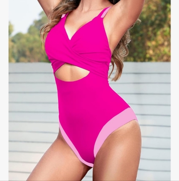 Women 1 Piece Swimsuit Cutout High Waisted BathingSuitVNeckColor Block Size XL - Picture 1 of 9